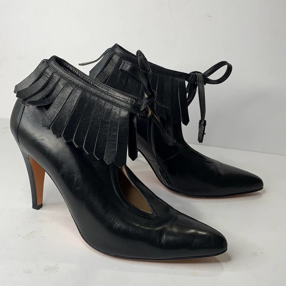 Todd Oldham Lerre black leather fringe ankle tie booties